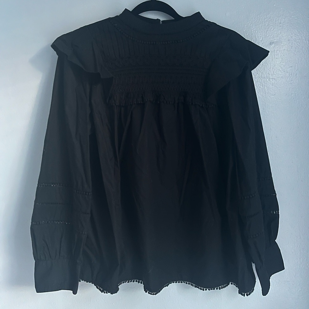 J. Crew Crochet Lace Ruffle Balloon Sleeve Cotton Blouse, Size L